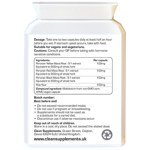 Red, yellow and black maca root extract capsules. Rear label.