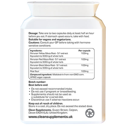 Red, yellow and black maca root extract capsules. Rear label.